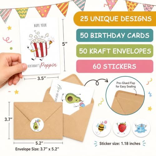 Funny Birthday Cards Bulk Pack - 20 Unique 4x6 Greeting Cards with Envelopes & Stickers