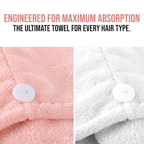 Microfiber Hair Towels Set - Rapid-Dry Turbans, 2 Pack, Pink/White