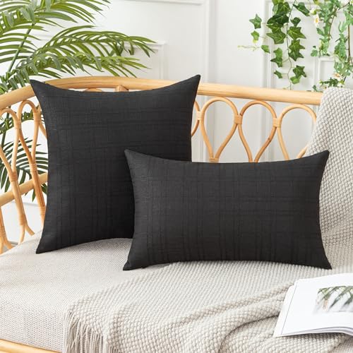 UGASA 18x18 Inch Outdoor Throw Pillow Covers (Pack of 2) - Black Plaid Waterproof Cushion Covers for Patio, Porch, Garden