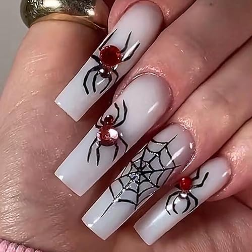 Halloween Long Coffin Press on Nails with Spider Web and Rhinestone