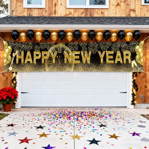 AIBIIN Happy New Year 2026 Gold Backdrop Banner 118x20 Inch Party Decor