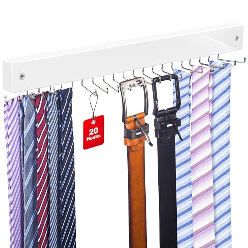 Wall-Mounted Tie Rack with 20 Hooks - White, 1 Pack Tie Organizer