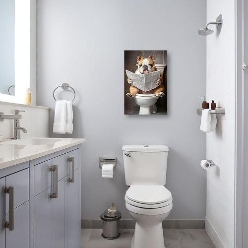 CCWACPP Bulldog Bathroom Wall Art - Funny Animal Canvas Print Reading Newspaper | Framed 12" x 18"