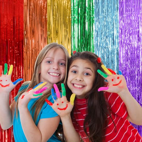 Rainbow Foil Fringe Curtains - 2 Pack Metallic Tinsel Party Backdrop