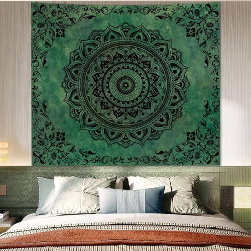 Green Mandala Tapestry Wall Hanging - Boho Cotton Art 51"x60"