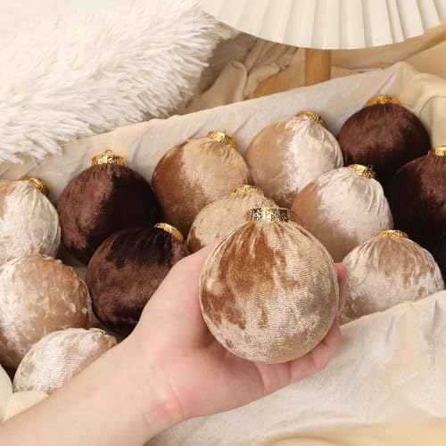 Velvet Christmas Ornaments Set - Brown Series 15 Pack 3.15 Inch Holiday Decor