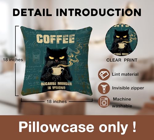 Funny Black Cat Coffee Pillow Cover, 18x18 Soft Corduroy Case (Cat03)