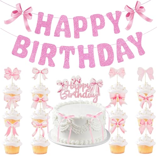20Pcs Pink Bow Birthday Party Decorations & Cake Toppers Set