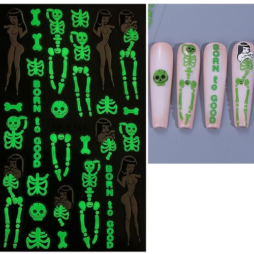TailaiMei Glow in the Dark Halloween Nail Stickers Skeleton Bones Decals