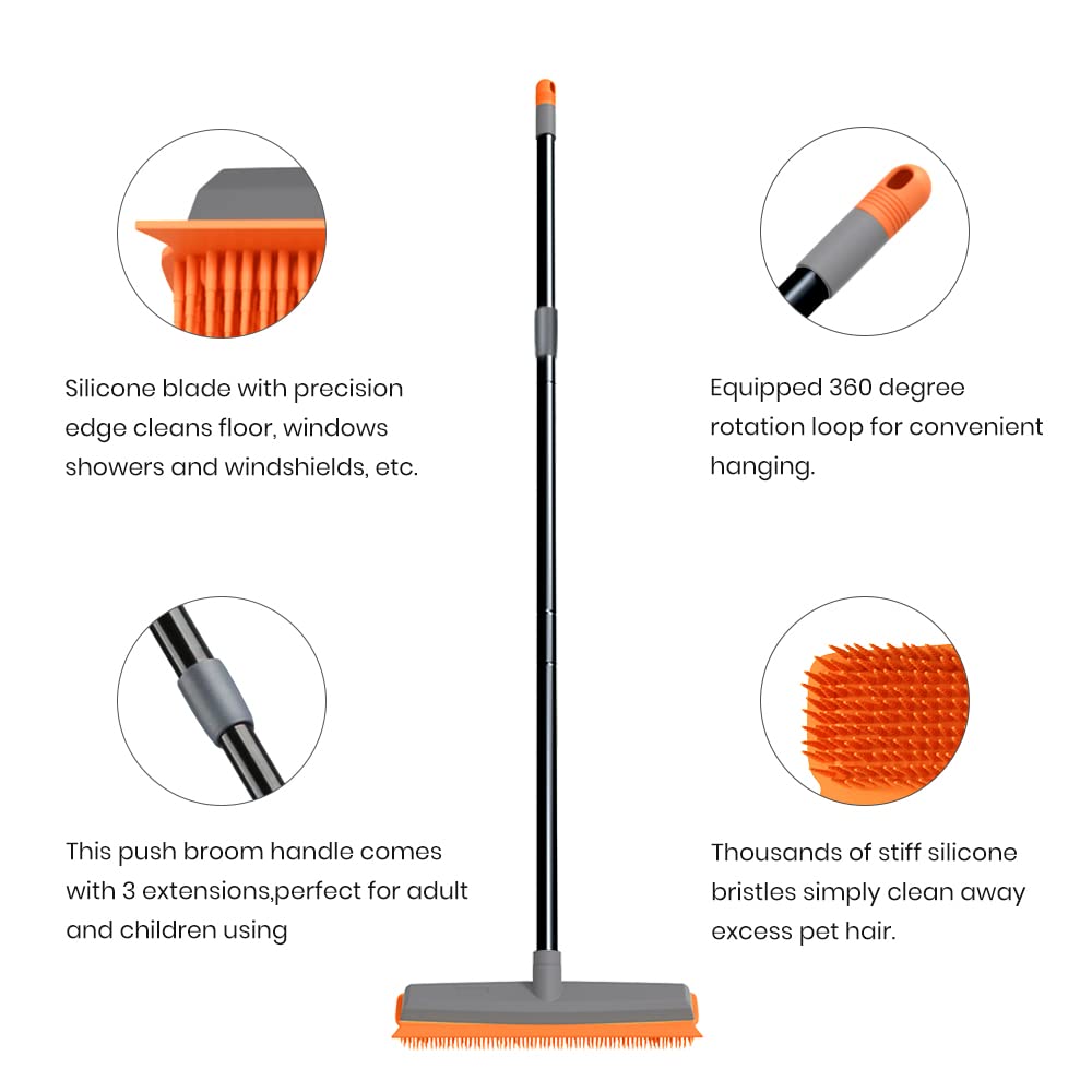 TreeLen Rubber Broom Carpet Rake Pet Hair Remover Broom with Squeegee Extension Push Broom for Carpet Hardwood Floor Tile Windows Cleaning