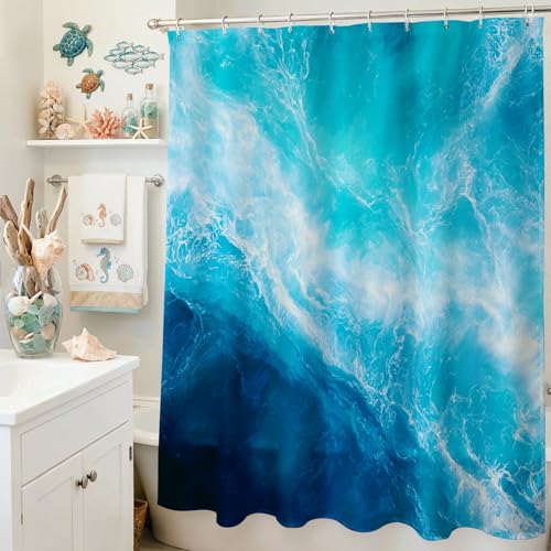 Mocsicka Blue Marble Ocean Shower Curtain, 71x71 Inch Coastal Beach Decor