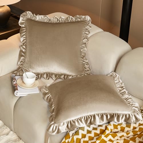 KKJIAF Taupe Velvet Throw Pillow Covers Set of 2 - 18x18 Inch Ruffle Edge Shams