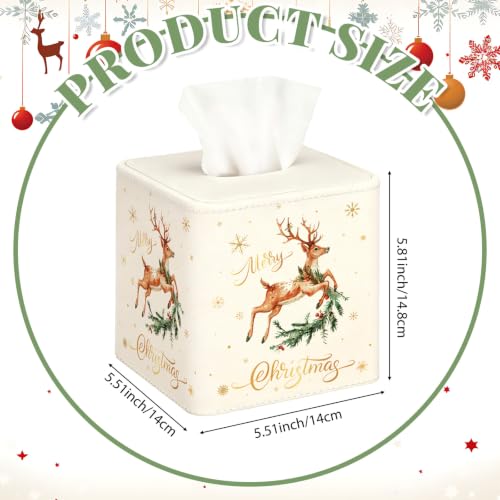 Christmas Tissue Box Cover - Cream Leather Reindeer & Tree Design - 2 Pack