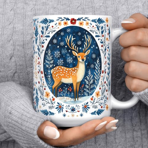 Loftipop Winter Woodland Deer Ceramic Coffee Mug 15oz, Festive Holiday Gift