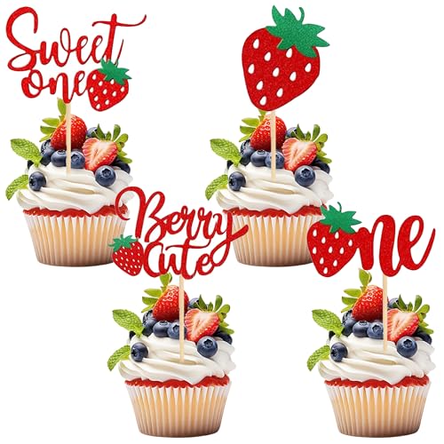 Glitter Strawberry 1st Birthday Cupcake Toppers - 12 Pcs Sweet One Party Supplies
