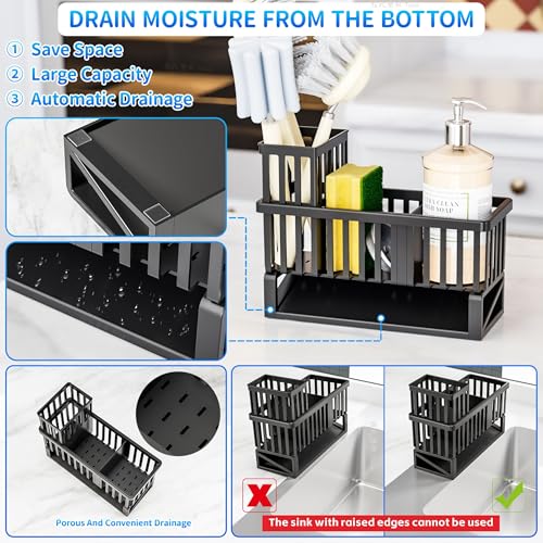 Yieach Rustproof Kitchen Sink Caddy Organizer with Dispenser, Plastic Dish Sponge Holder, Black
