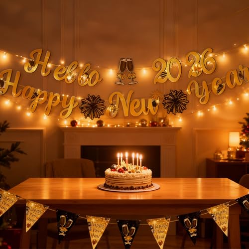 Happy New Year Party Banner - Black & Gold 12ft Decoration