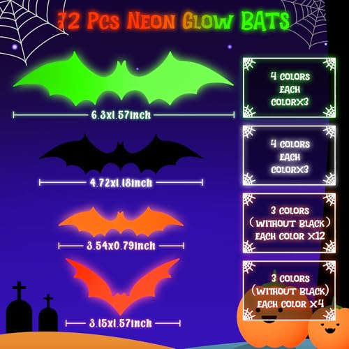 LOLStar 72-Piece 3D Neon Glow Halloween Bat Wall Decals, Fluorescent Decor