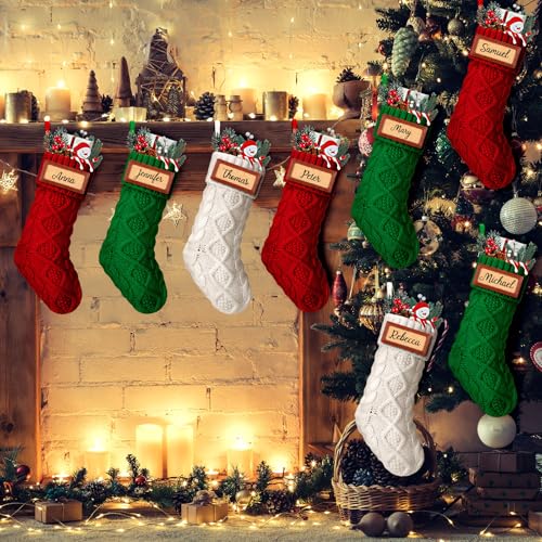 Personalized Christmas Stockings Set - 9 Pcs 14 Inch Knit Holiday Decor with Name Patches