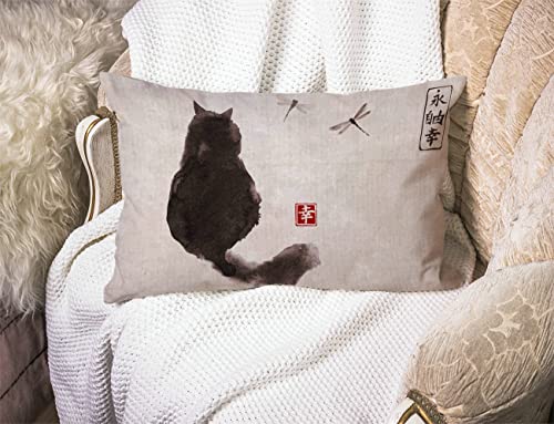 Vintage Cat & Dragonfly Throw Pillow Cover - 12x20 Inch Cotton Linen