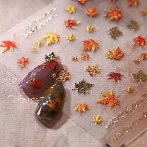 5D Embossed Maple Leaf Nail Stickers Gold Fall Nail Decals Art Supplies