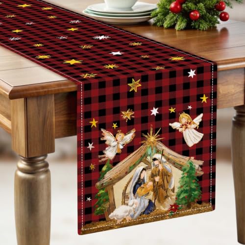 Christmas Angel Buffalo Plaid Nativity Scene Table Runner - Festive Holiday Decor