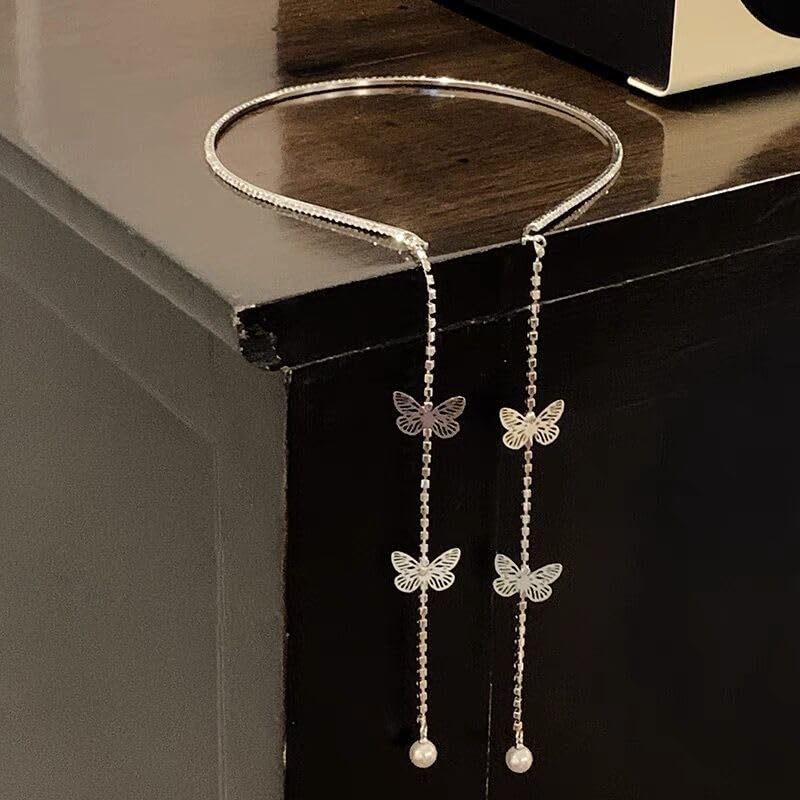 Silver Butterfly Tassel Wedding Headband and Hair Chain Headpiece