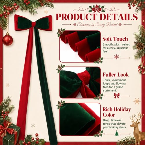 Extra Large Christmas Bow Tree Topper 23x78 Inches Red and Green Velvet Decor