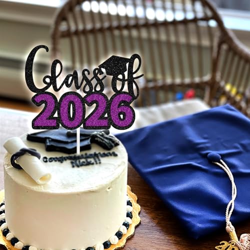 Class of 2026 Graduation Cake Topper - Black & Purple Glitter