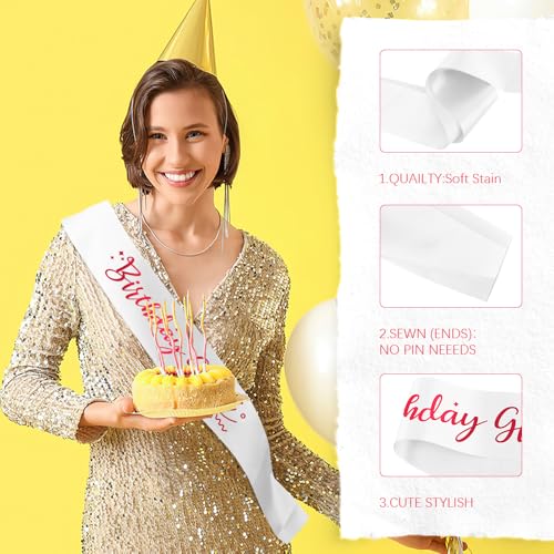 Birthday Queen Sash - Satin White with Pink Foil for Special Celebrations