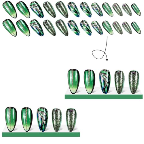 ANDGING Green Almond Press on Nails with Glitter Gold Lines and Rhinestones, 24 Pcs