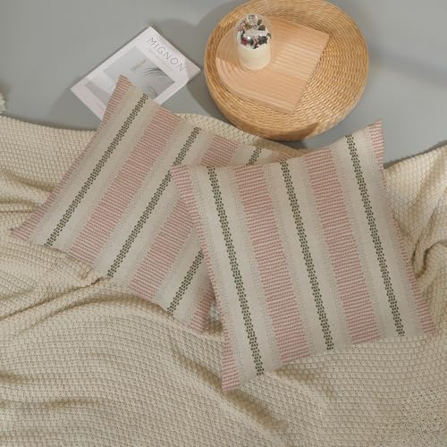 DAFENA Boho Throw Pillow Covers 16x16 Inch, Pink & Sage Green Set of 2