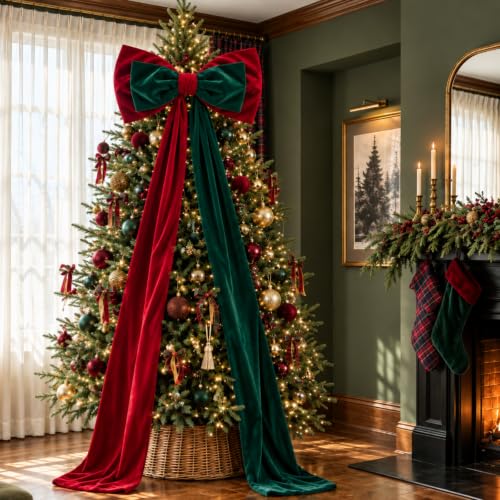 Extra Large Christmas Bow Tree Topper 23x78 Inches Red and Green Velvet Decor