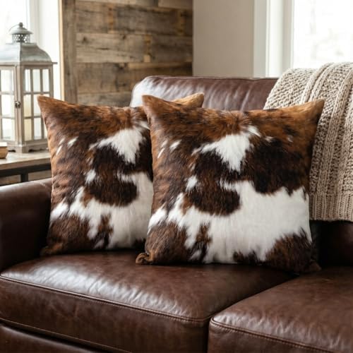 TOMWISH Western Cowhide Print Christmas Pillow Covers 18x18, 2 Pack