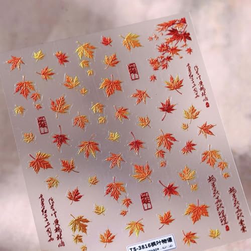 5D Embossed Maple Leaf Nail Stickers Gold Fall Nail Decals Art Supplies