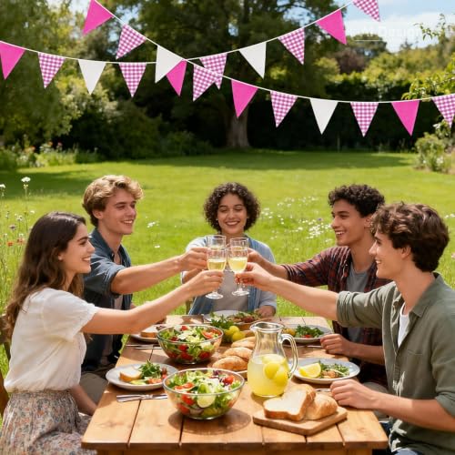 G2PLUS Pink and White Gingham Bunting Banner - 32Ft Triangle Garland
