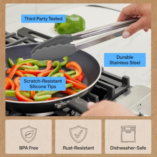Gorilla Grip Stainless Steel Kitchen Tongs 7" & 9" Gray Set - Nonstick, Heat-Resistant, Locking Storage