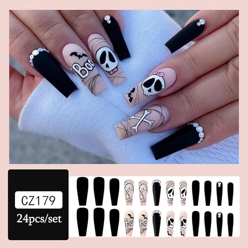 SINSEN Long Coffin Halloween Press on Nails - 24 Pcs Cartoon Skull Acrylic Fake Nails