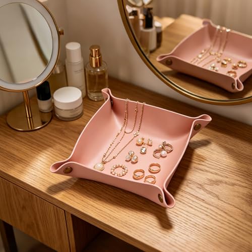 Pink PU Leather Valet Tray - 8x8 Inch Organizer for Keys, Coins & Jewelry