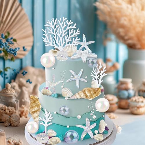 30PCS Beach Themed Cake Decorations - Starfish & Shell Toppers