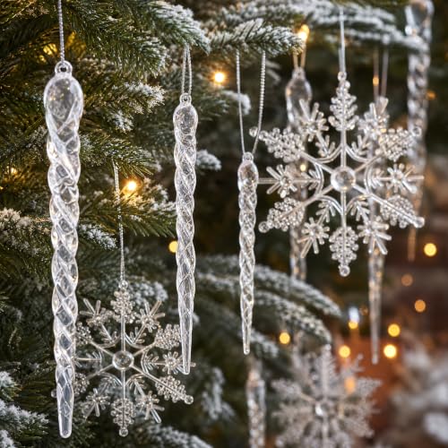 49Pcs Christmas Tree Ornaments Set - Crystal Icicles & Snowflakes, Safe Shatterproof Material