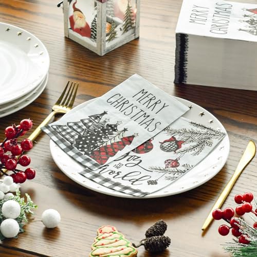 Christmas Paper Napkins 50 Pack - Buffalo Plaid Xmas Tree Design, 4.3 x 7.9 Inches, White