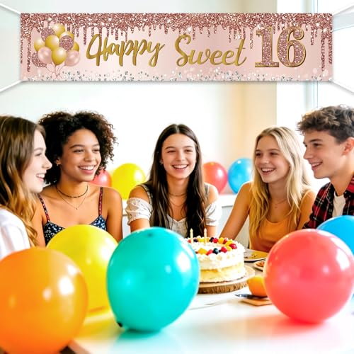 Excelloon Sweet 16 Birthday Banner - Pink Rose Gold Party Decoration
