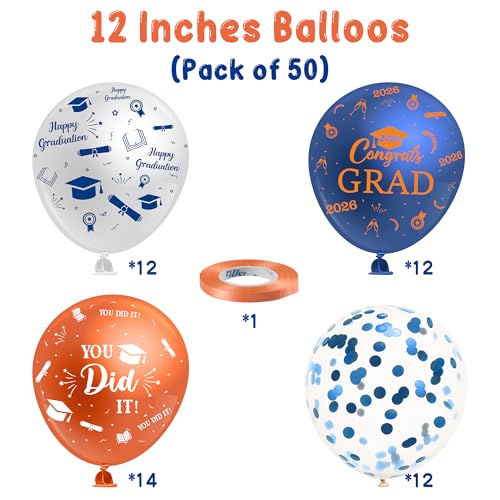 Blue and Orange Graduation Balloons Kit - 50Pcs Class of 2026