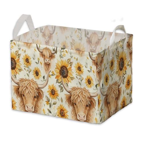 Sunflower Highland Cow Storage Basket - Large Canvas Laundry Hamper