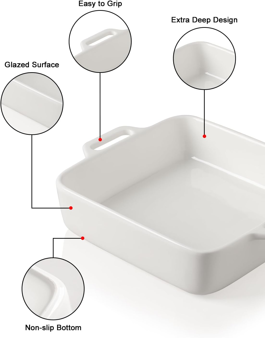 Sweejar 8x8 Baking Pan - Ceramic Casserole Dish with Double Handles | 2 QT Square for Brownies & Lasagna
