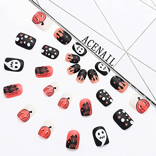 Acenail Matte Orange & Black Skull Press on Nails Halloween Acrylic False Nails 24Pcs