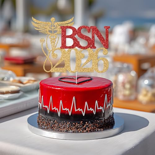 BSN 2026 Graduation Cake Topper Gold And Red Glitter Nursing School