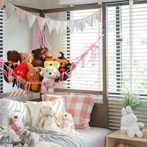 Ribbonlic Pink Bow Stuffed Animal Hammock - Boho Corner Plushie Organizer