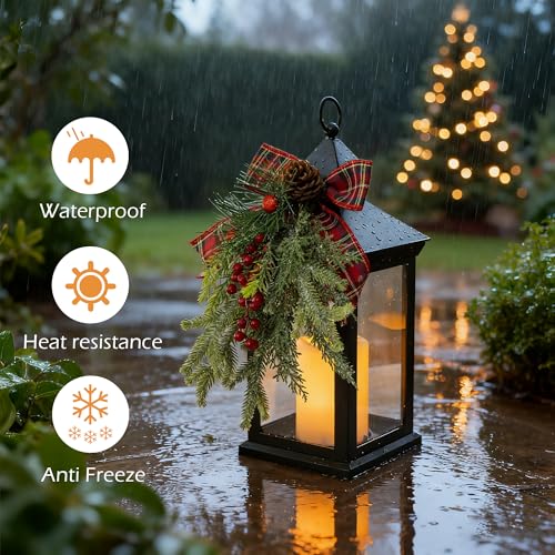 Christmas Decorative Lantern with LED Candle - Black Holiday Lantern with Pinecones & Red Bow - Battery Operated Indoor/Outdoor Decor - Red Bow Variant